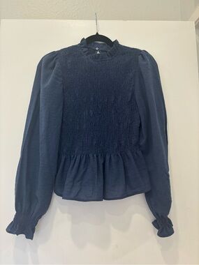 Zara Smocked Shirt Ruffle Peplum Long-Sleeve High Neck Preppy Cottage Blouse